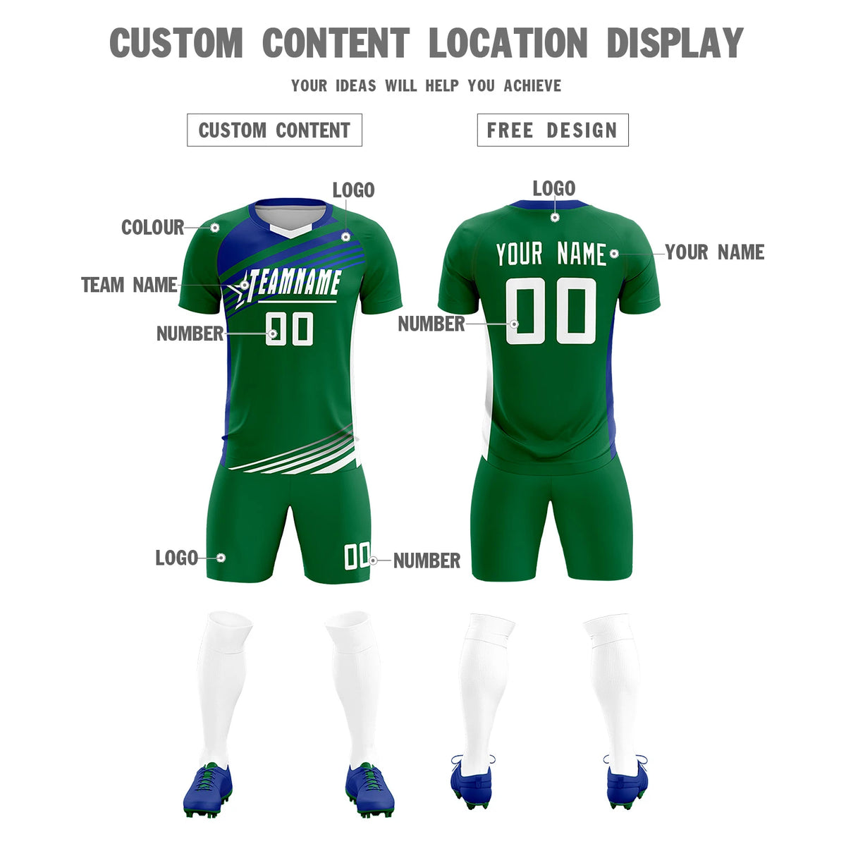 Custom Kelly Green Royal Blue-White Gradient Sport Soccer Sets Jersey