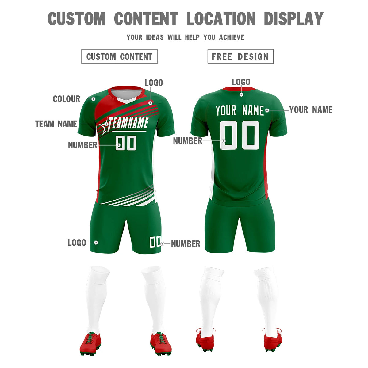 Custom Kelly Green Red-White Gradient Sport Soccer Sets Jersey