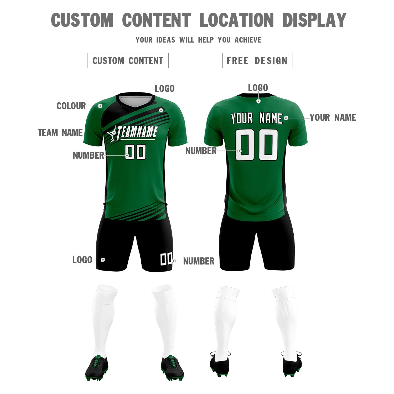 Custom Kelly Green Black-White Gradient Sport Soccer Sets Jersey