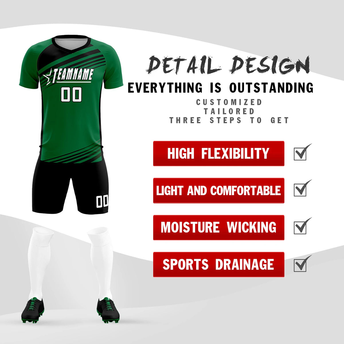 Custom Kelly Green Black-White Gradient Sport Soccer Sets Jersey