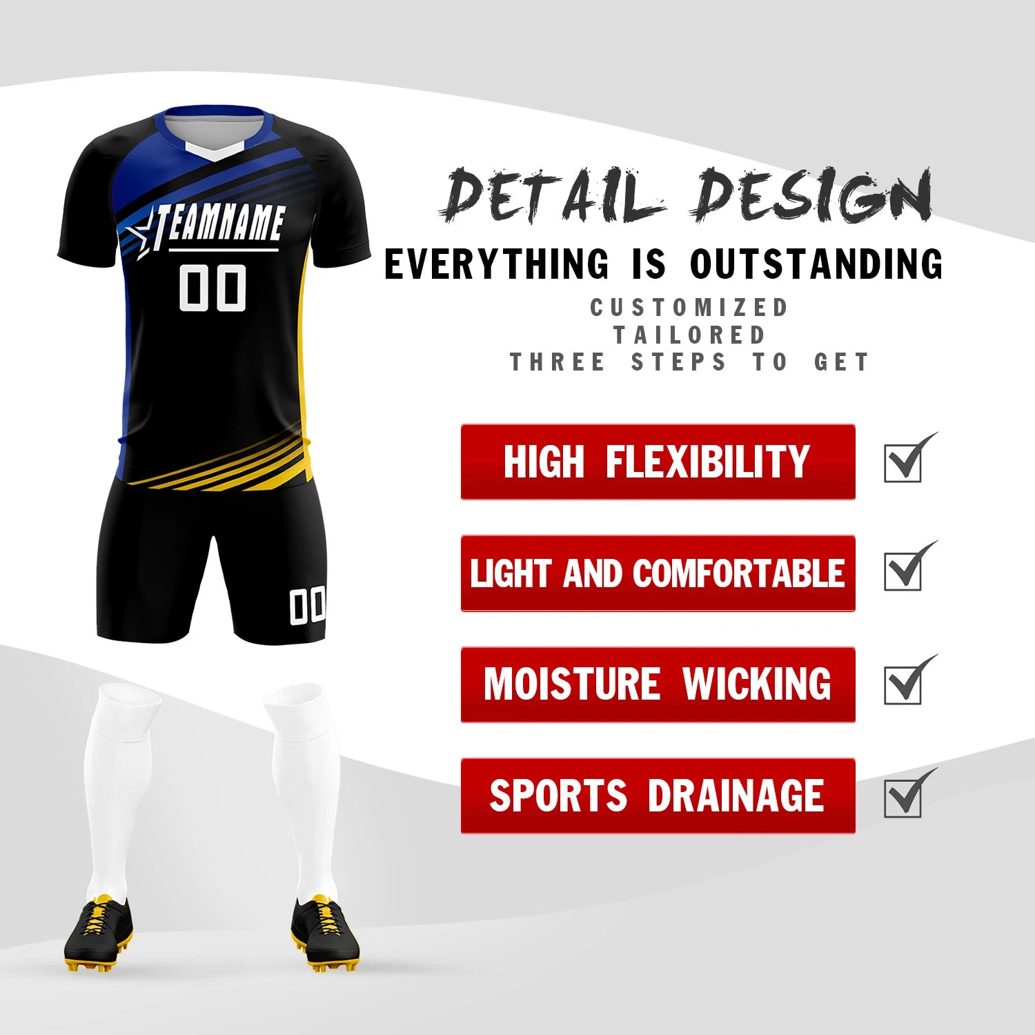 Custom Black Royal Blue-White Gradient Sport Soccer Sets Jersey