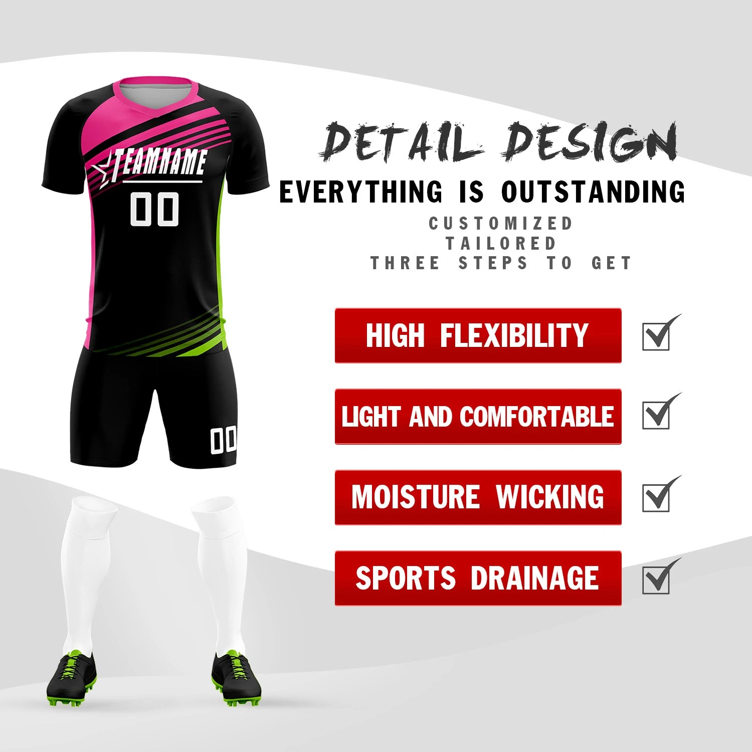 Custom Black Pink-White Gradient Sport Soccer Sets Jersey