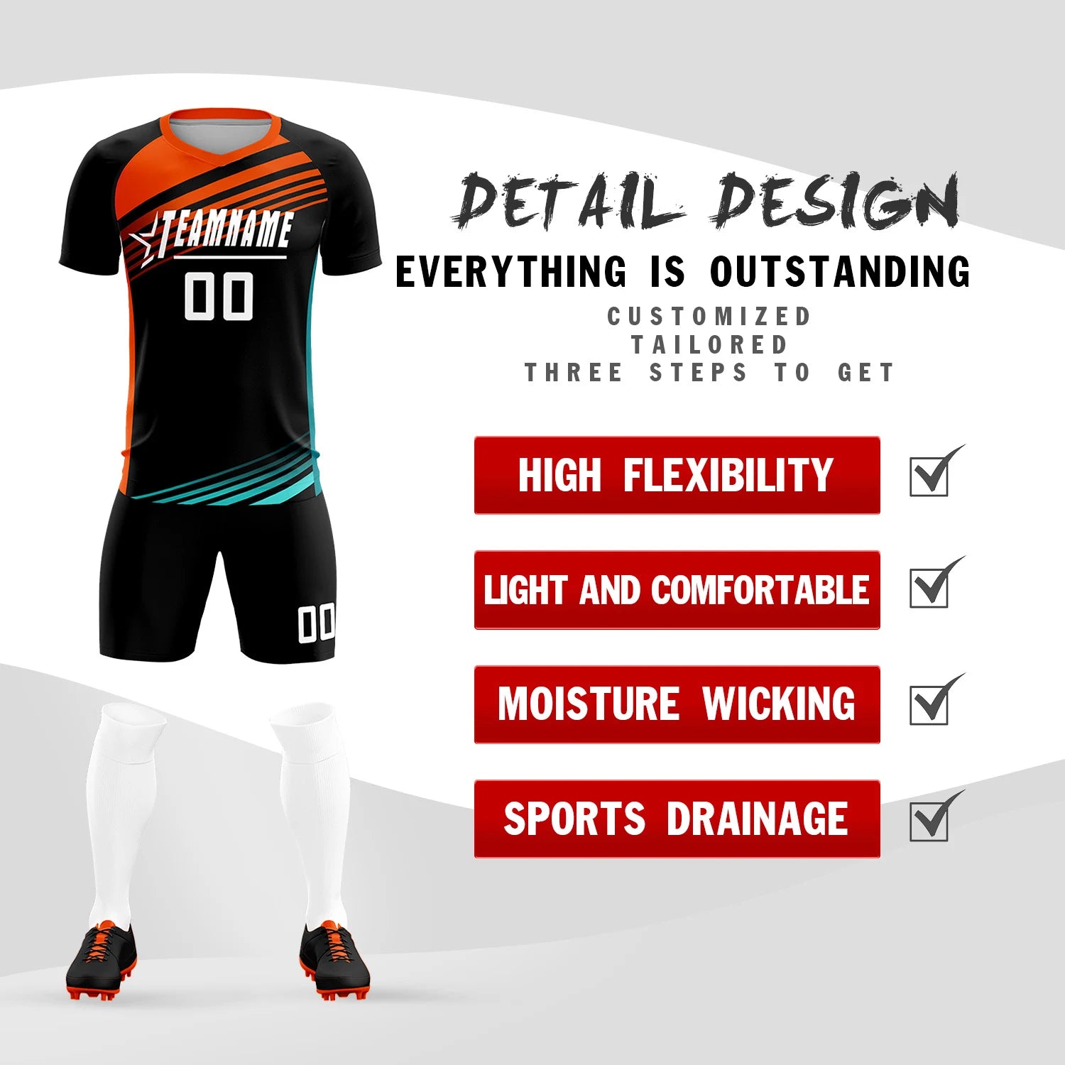 Custom Black Orange-White Gradient Sport Soccer Sets Jersey