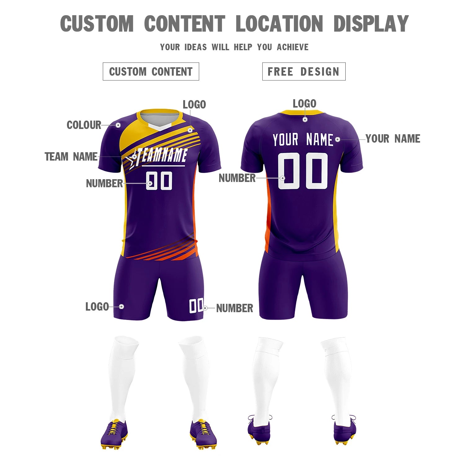 Custom Purple Gold-White Gradient Sport Soccer Sets Jersey