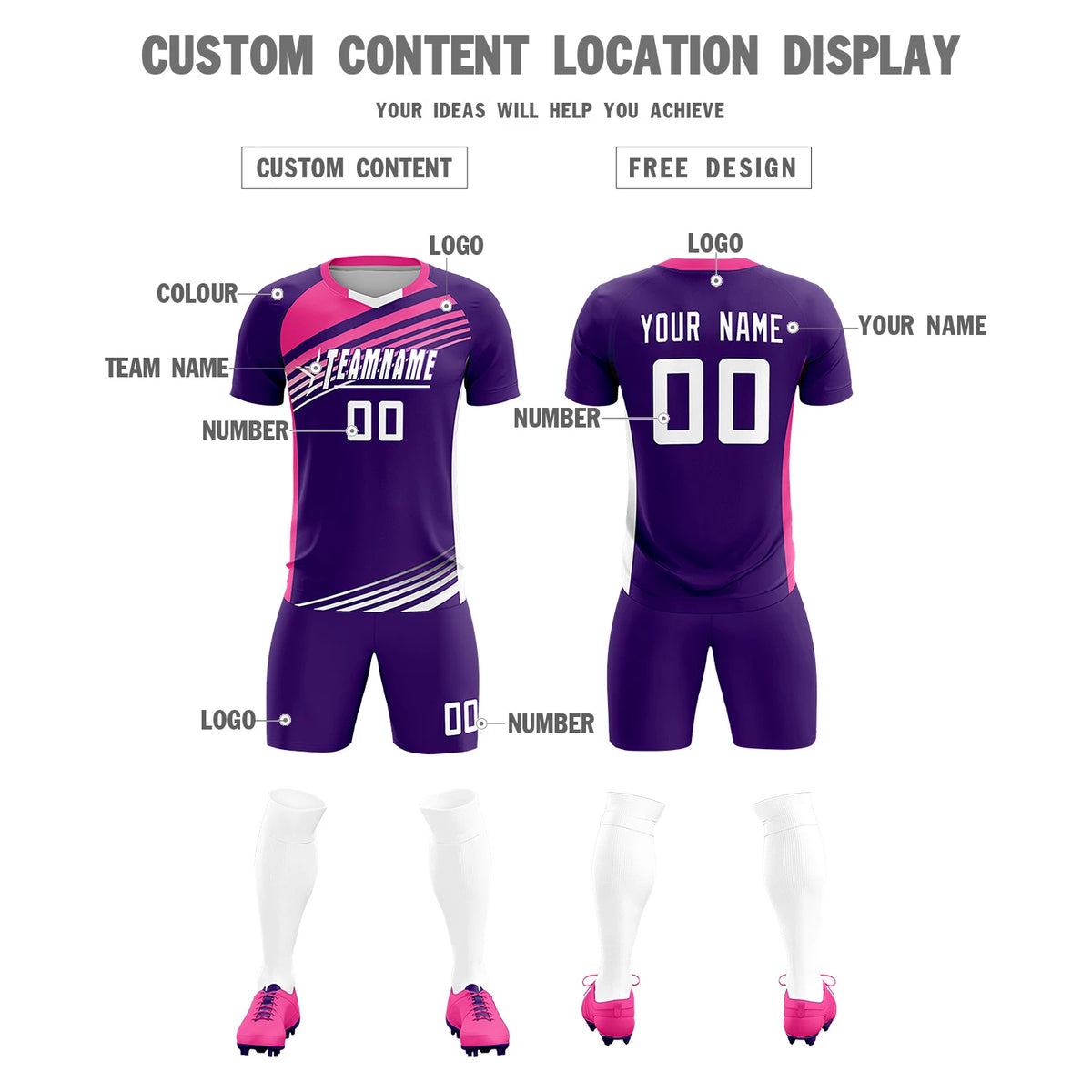 Custom Purple Pink-White Gradient Sport Soccer Sets Jersey