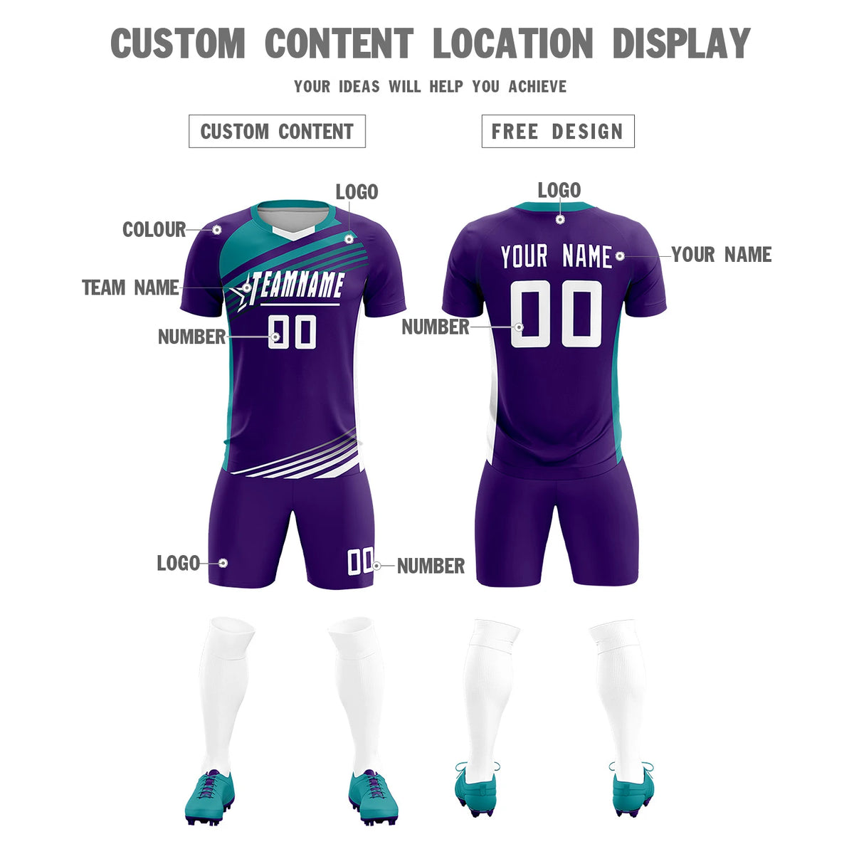 Custom Purple Aqua-White Gradient Sport Soccer Sets Jersey