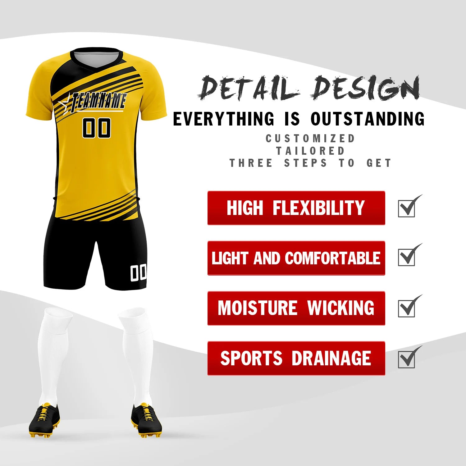 Custom Yellow Black Gradient Sport Soccer Sets Jersey