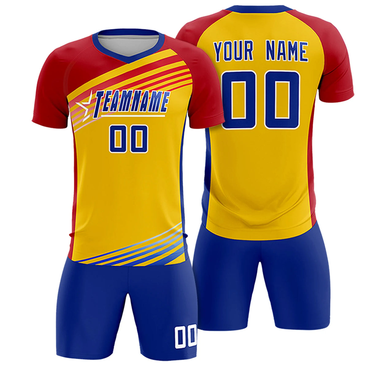 Custom Yellow Red-Royal Blue Gradient Sport Soccer Sets Jersey