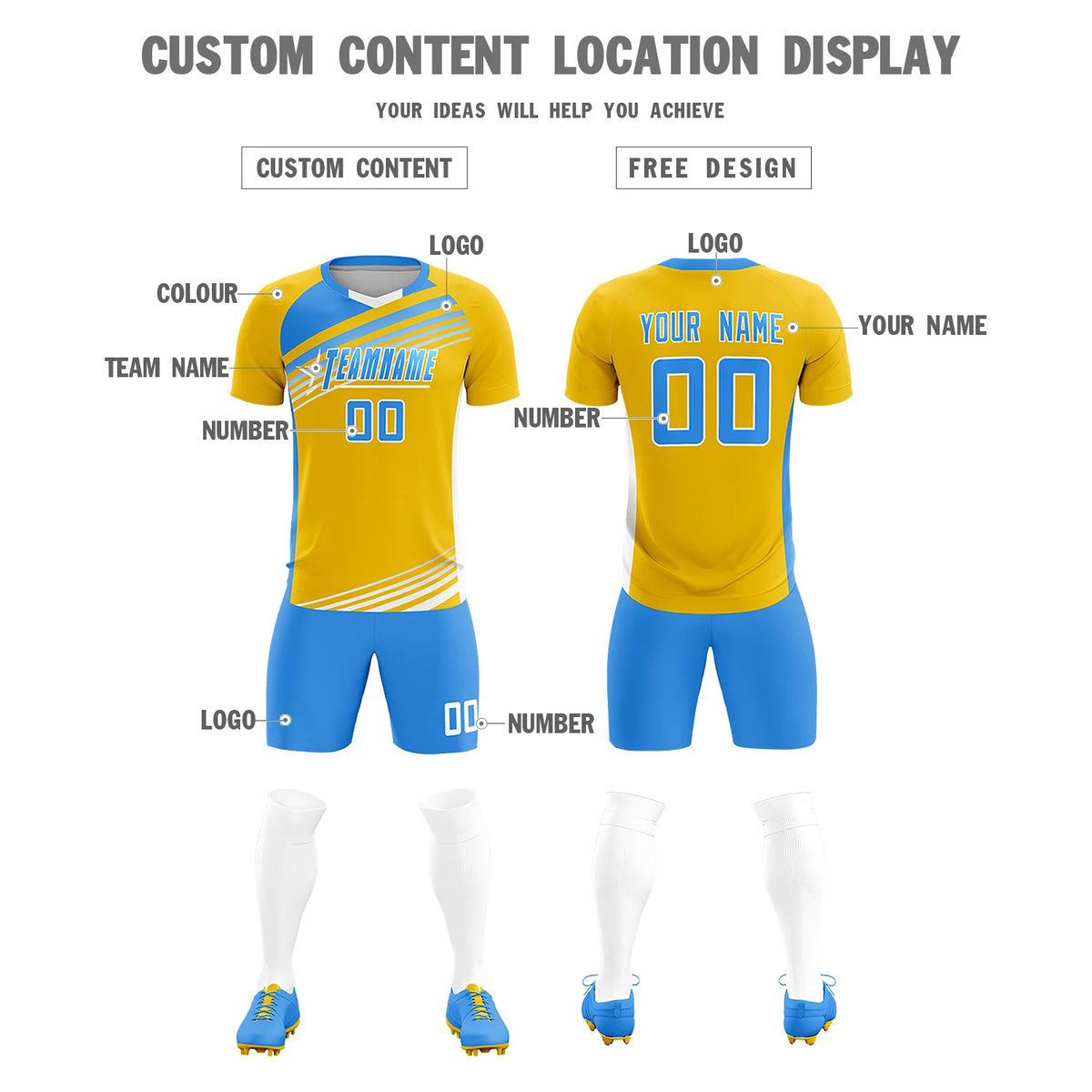 Custom Yellow Powder Blue Gradient Sport Soccer Sets Jersey