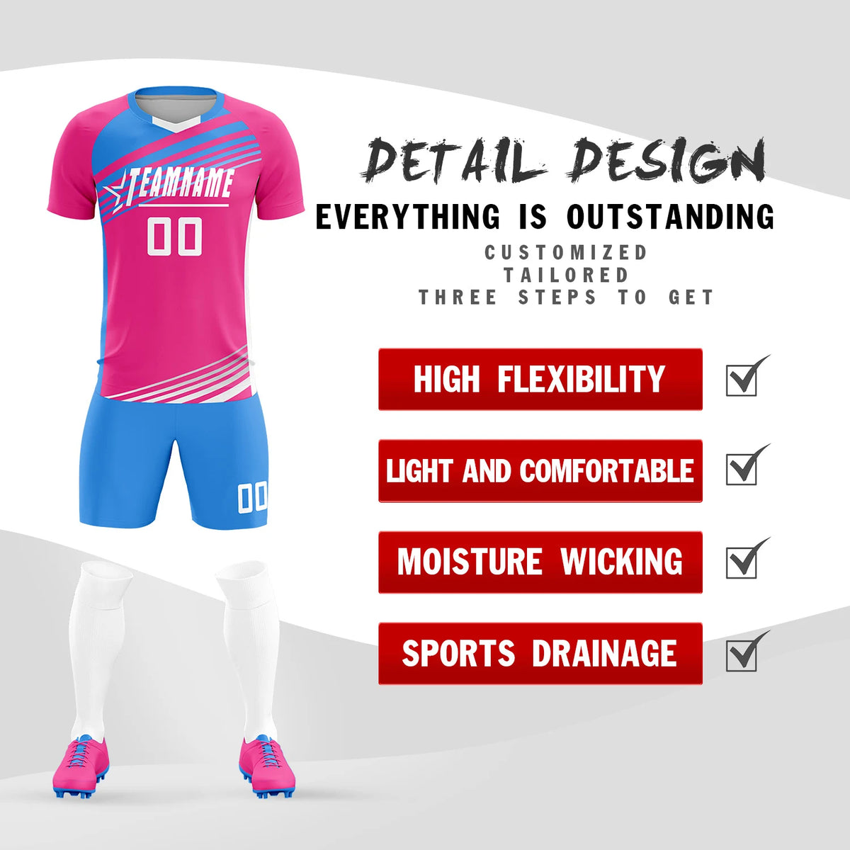 Custom Pink Powder Blue Gradient Sport Soccer Sets Jersey