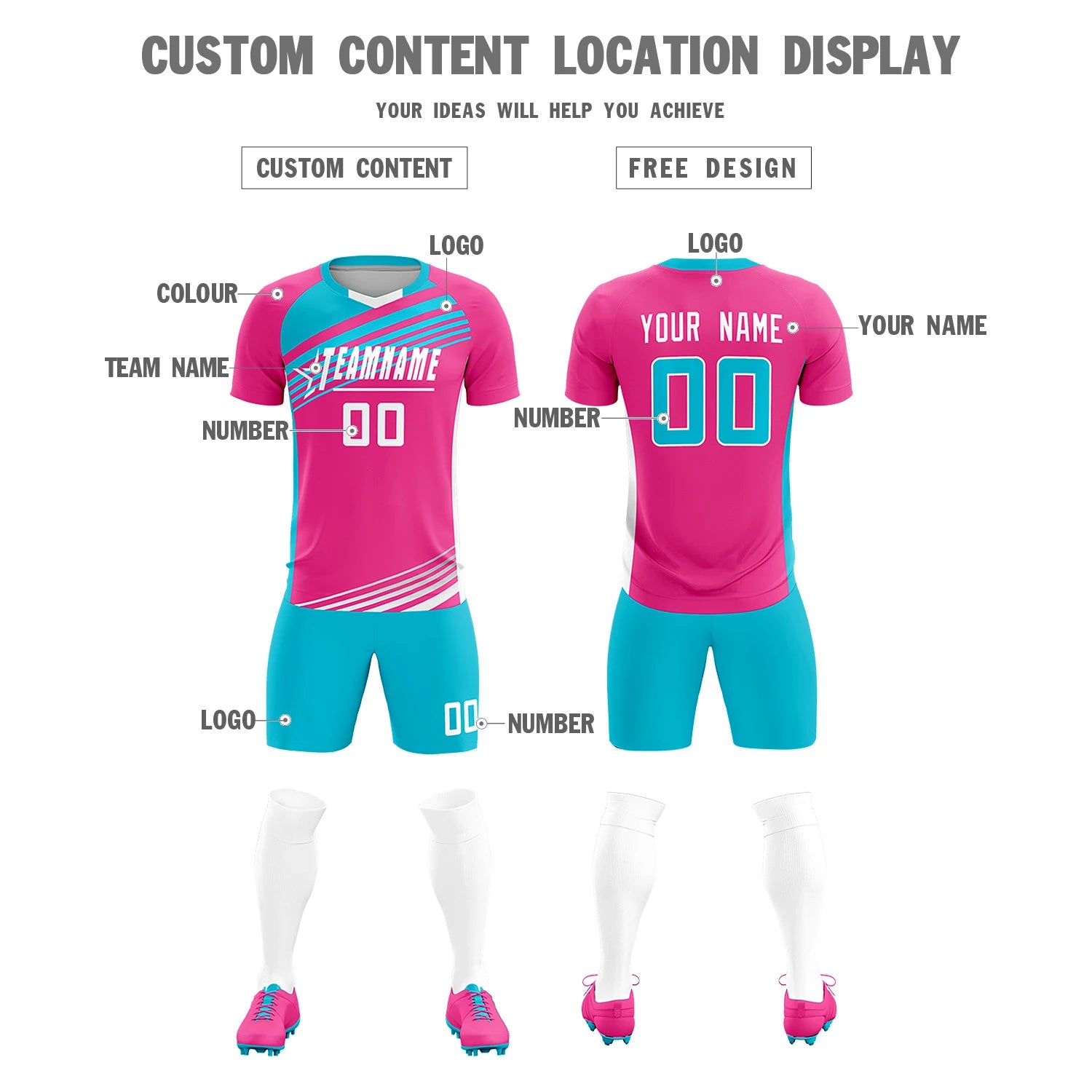 Custom Pink Sky Blue Gradient Sport Soccer Sets Jersey