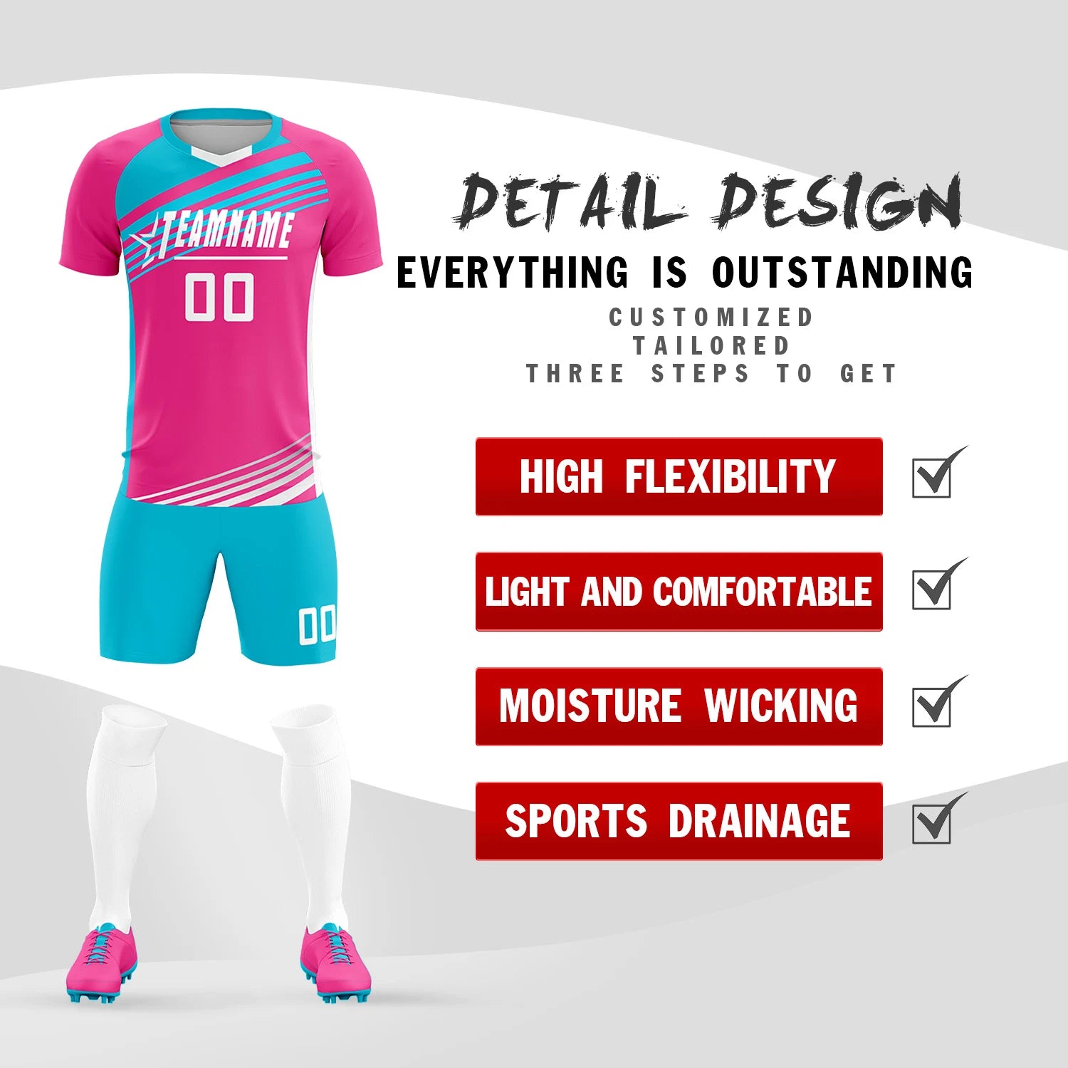 Custom Pink Sky Blue Gradient Sport Soccer Sets Jersey