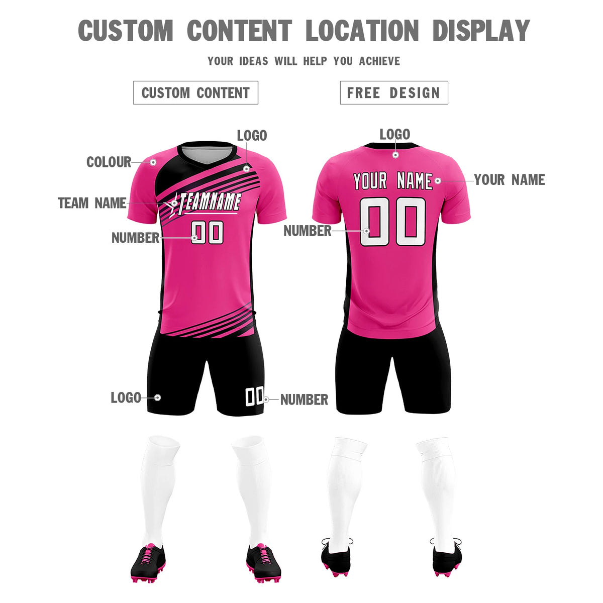 Custom Pink Black-White Gradient Sport Soccer Sets Jersey