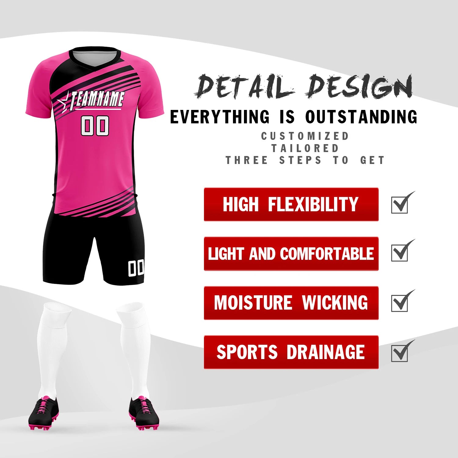 Custom Pink Black-White Gradient Sport Soccer Sets Jersey