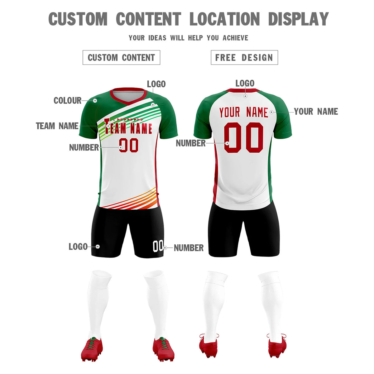 Custom White Red-Kelly Green Gradient Sport Soccer Sets Jersey