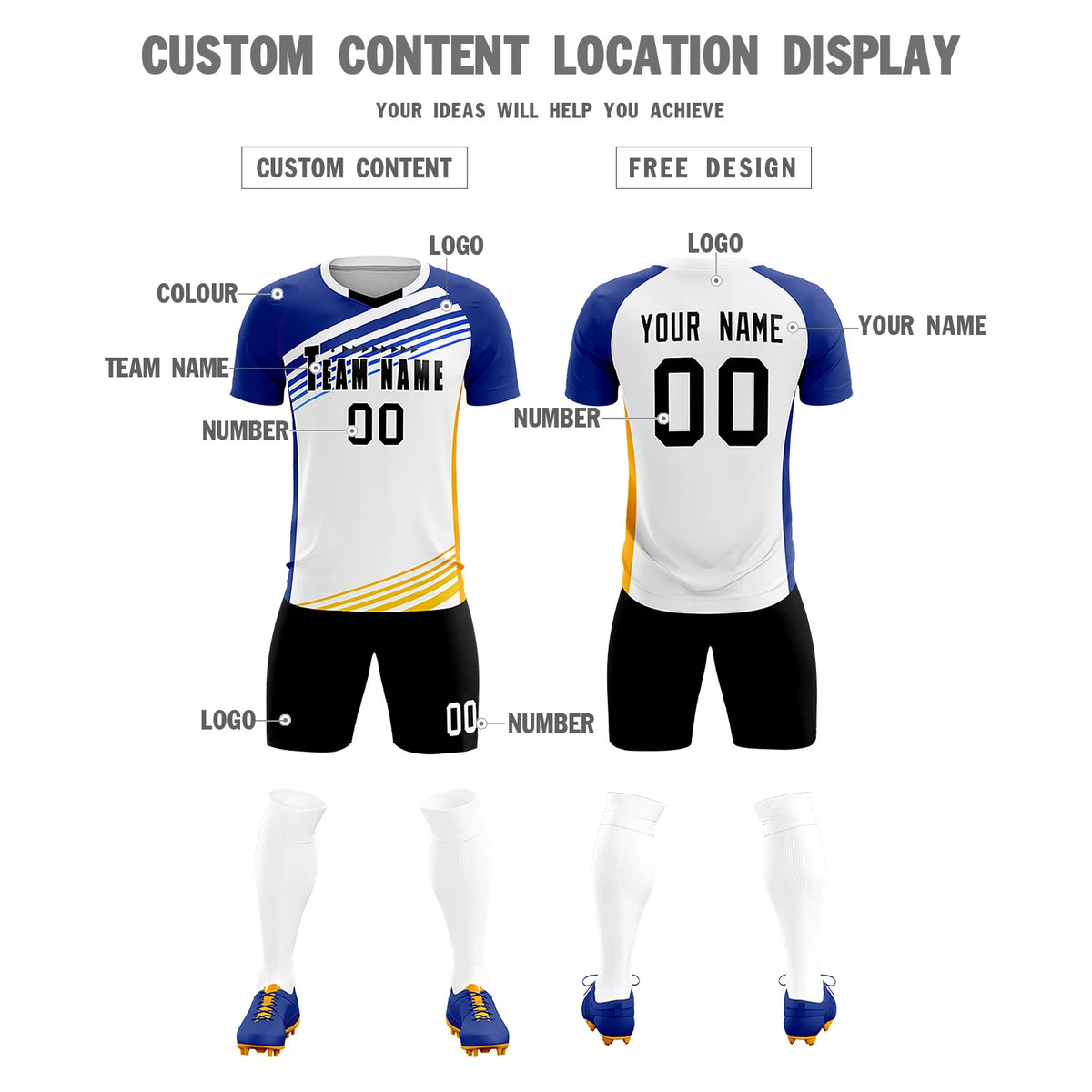 Custom White Royal Blue-Black Gradient Sport Soccer Sets Jersey
