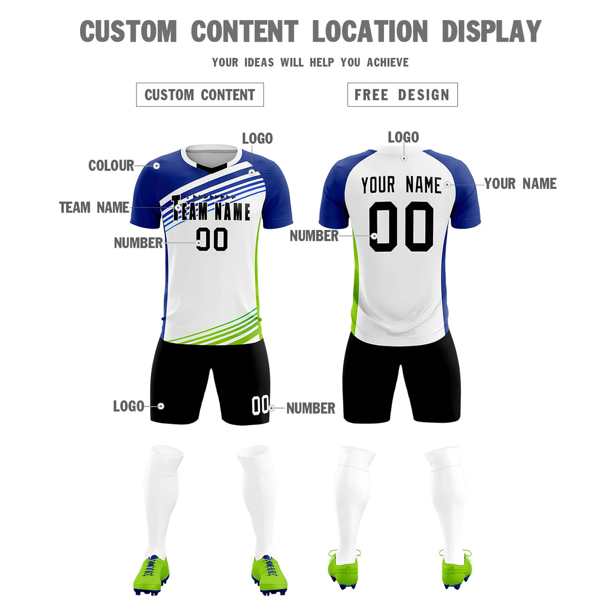 Custom White Royal Blue-Black Gradient Sport Soccer Sets Jersey