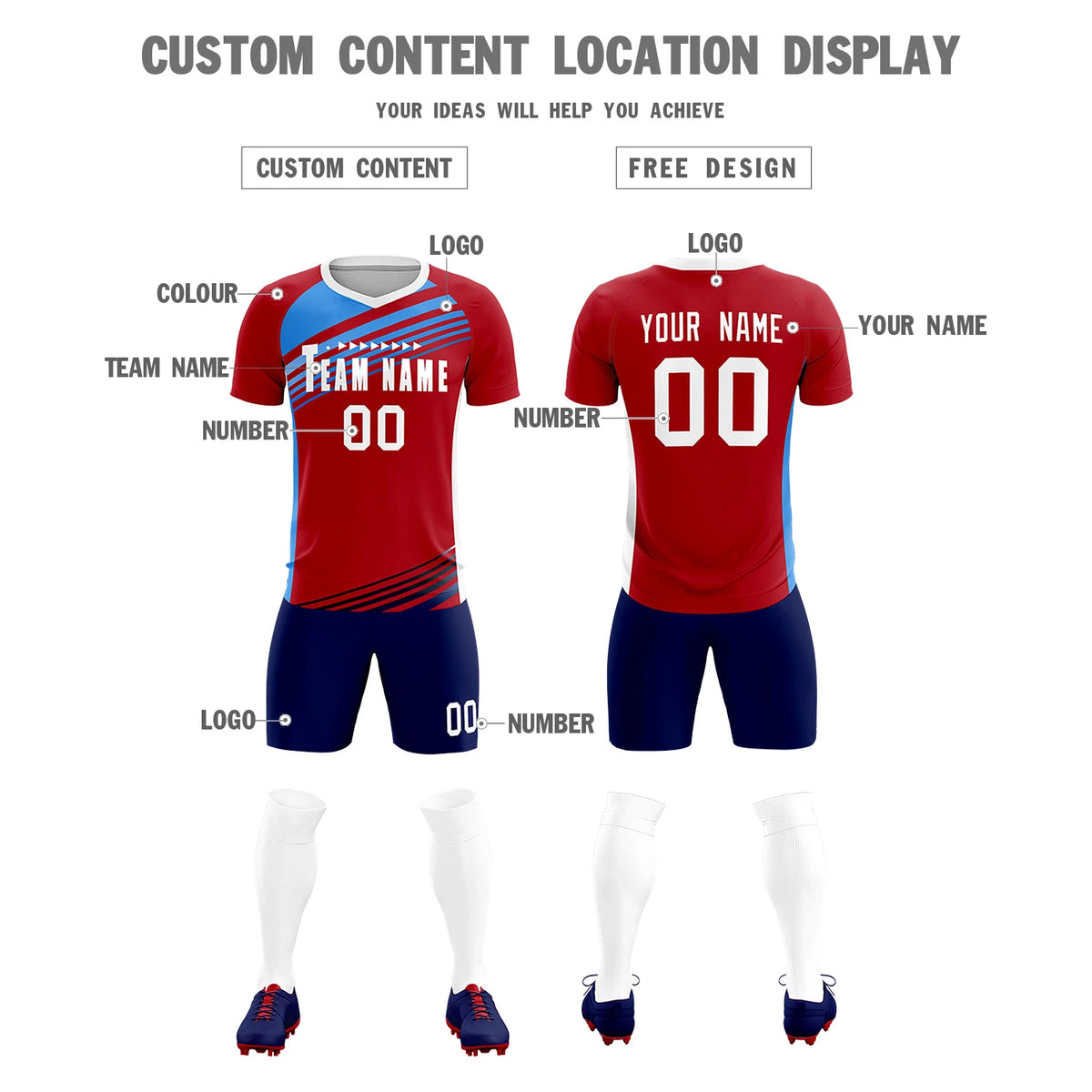 Custom Red Powder Blue-White Gradient Sport Soccer Sets Jersey