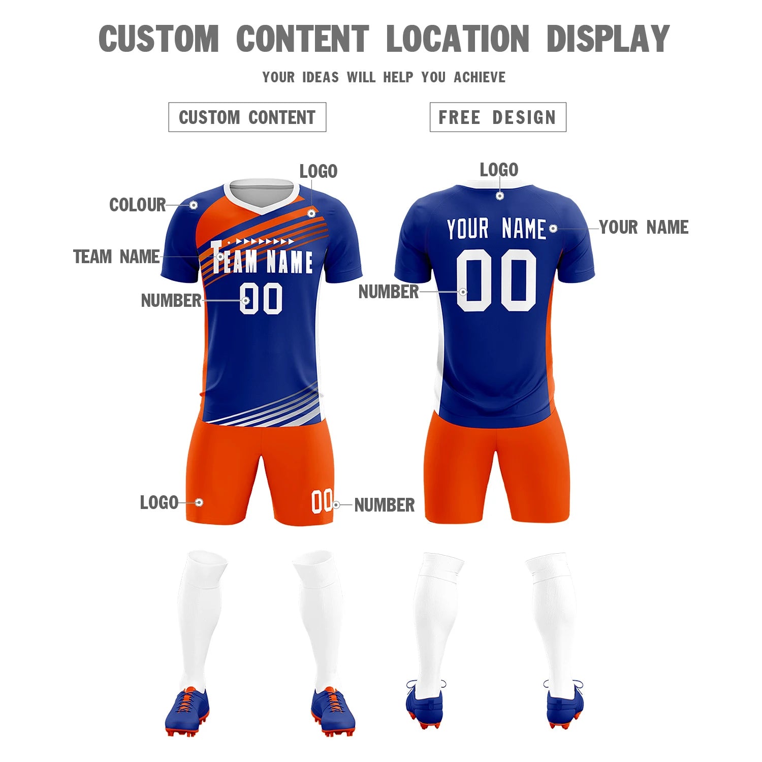 Custom Royal Blue Orange-White Gradient Sport Soccer Sets Jersey