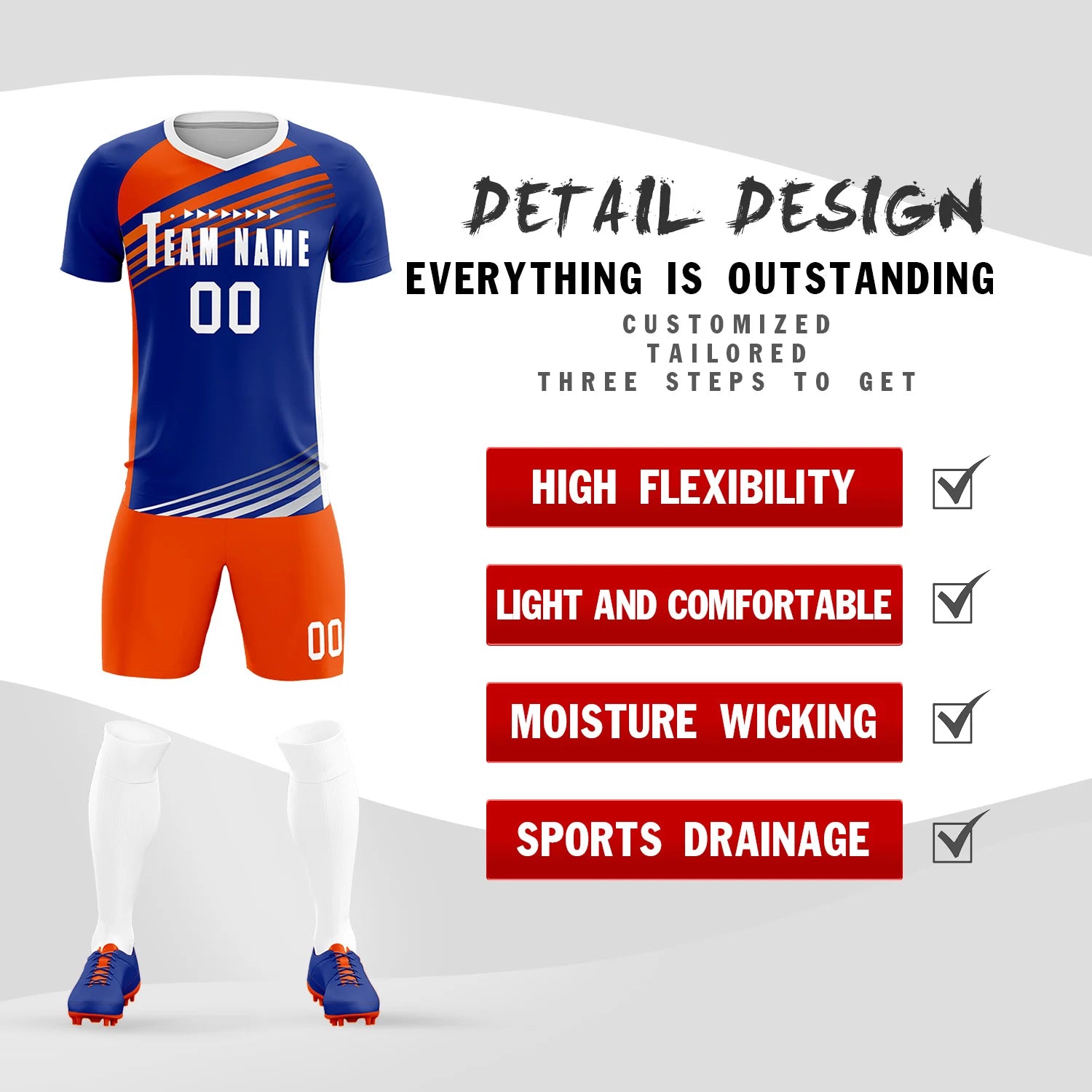 Custom Royal Blue Orange-White Gradient Sport Soccer Sets Jersey