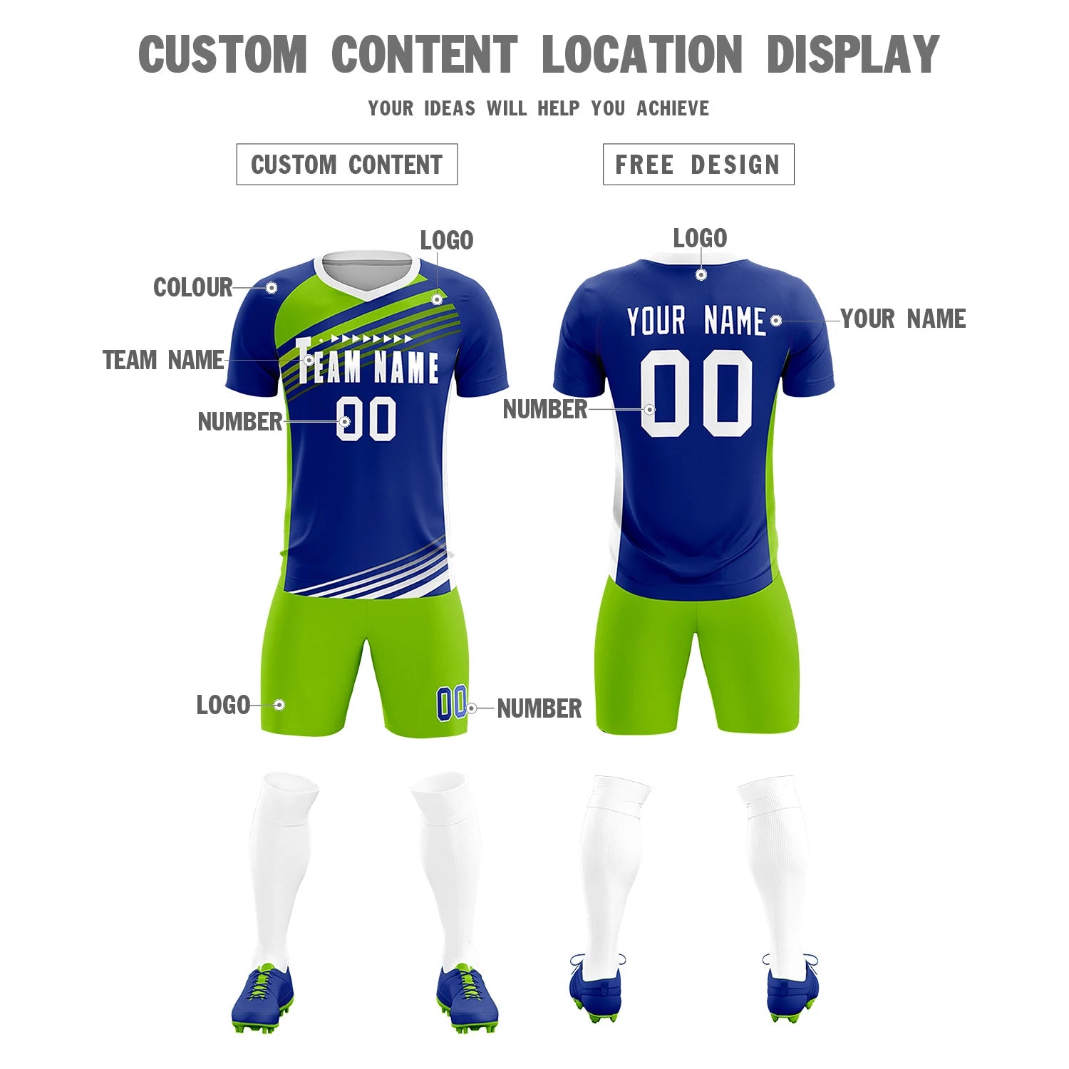 Custom Royal Blue Neon Green-White Gradient Sport Soccer Sets Jersey