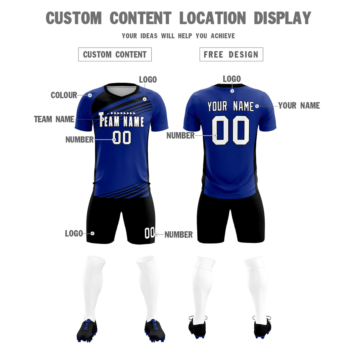 Custom Royal Blue Black-White Gradient Sport Soccer Sets Jersey