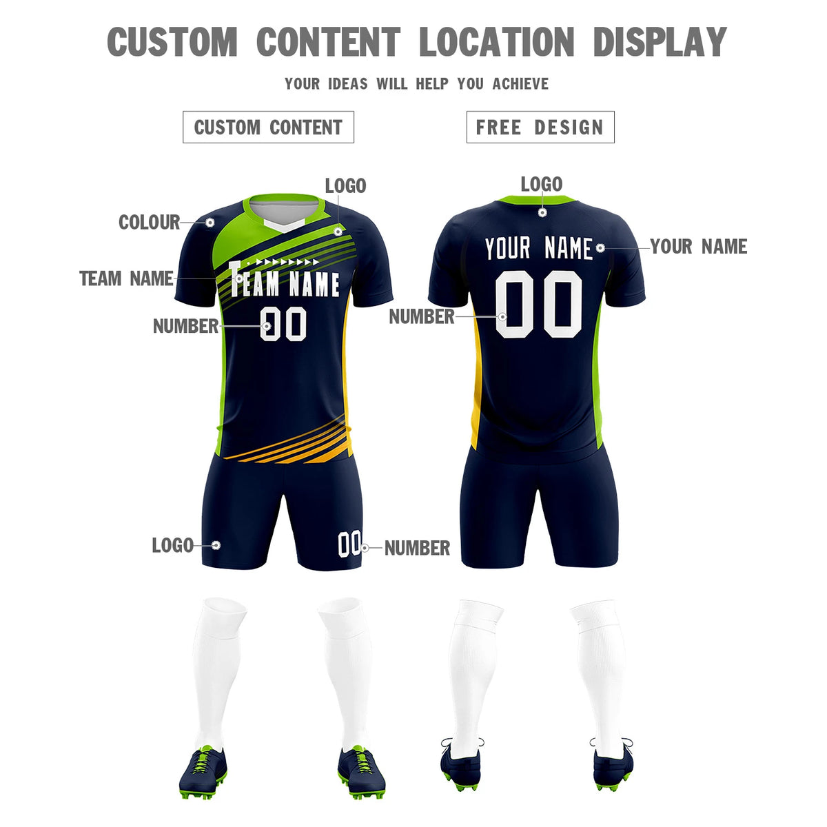 Custom Navy Neon Green-White Gradient Sport Soccer Sets Jersey