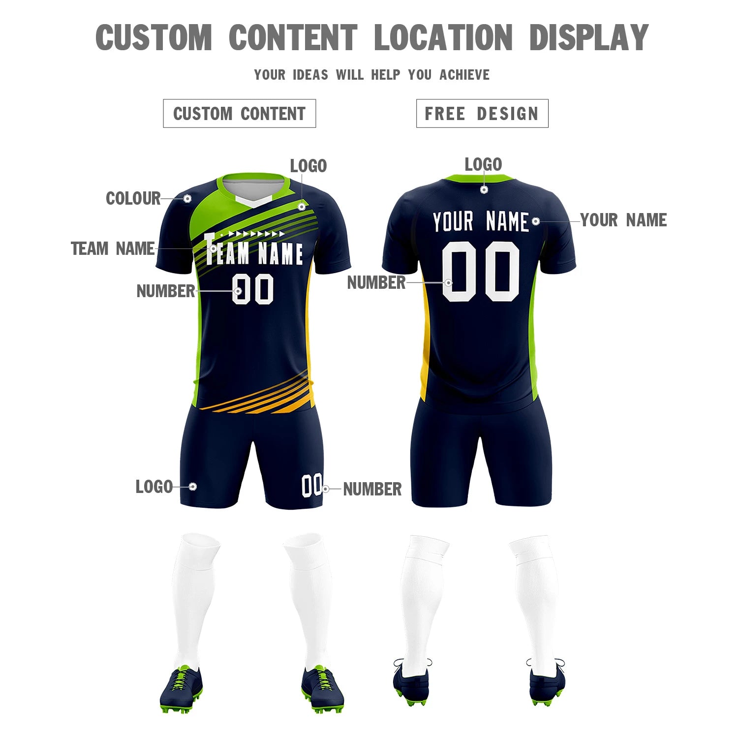 Custom Navy Neon Green-White Gradient Sport Soccer Sets Jersey
