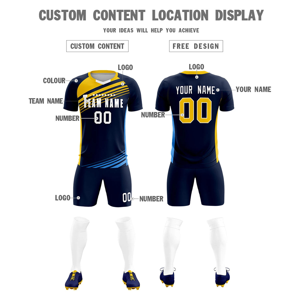 Custom Navy Gold-White Gradient Sport Soccer Sets Jersey