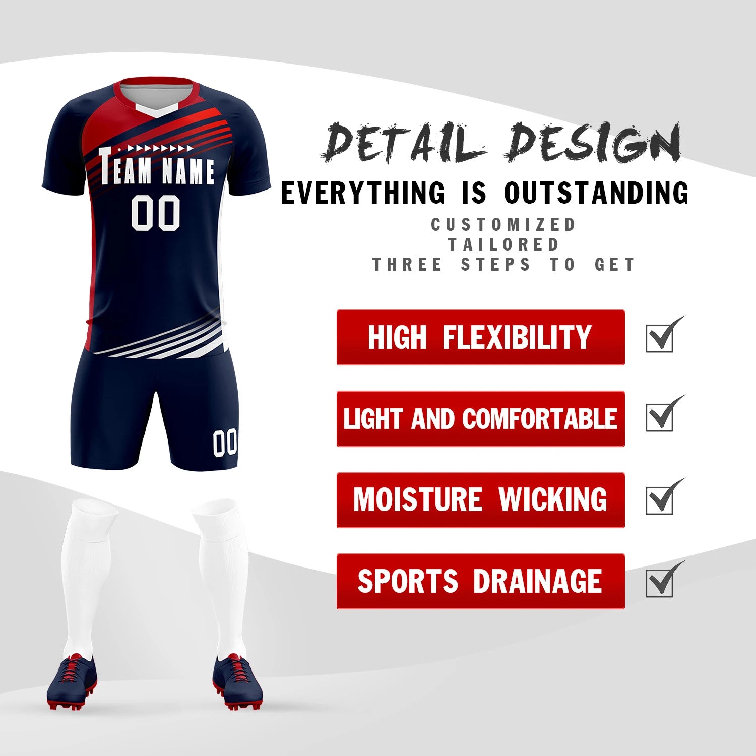 Custom Navy Red-White Gradient Sport Soccer Sets Jersey