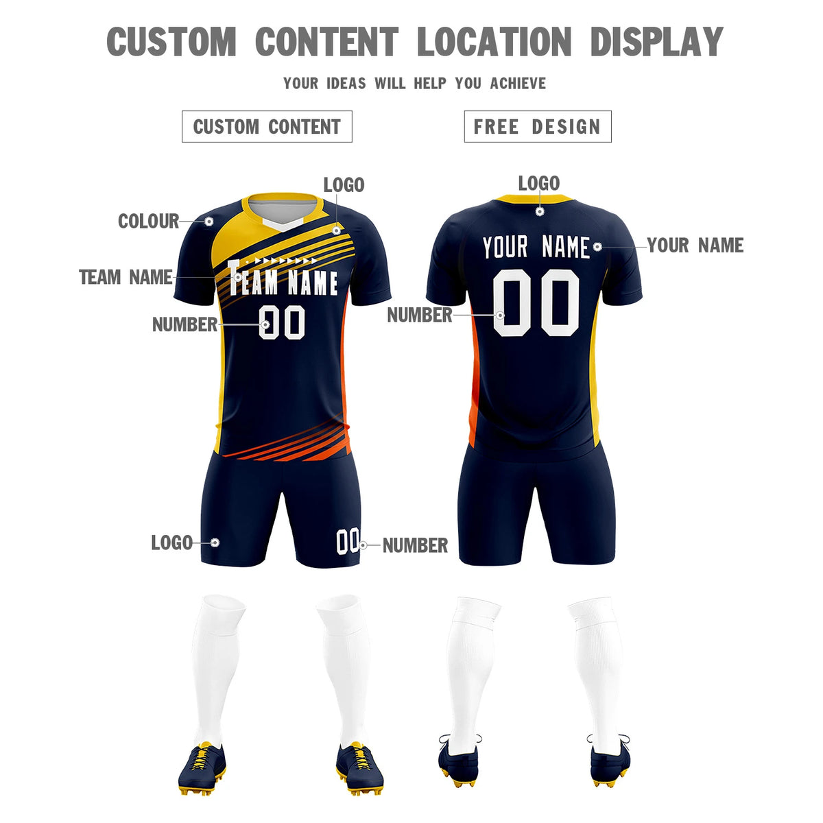 Custom Navy Gold-White Gradient Sport Soccer Sets Jersey