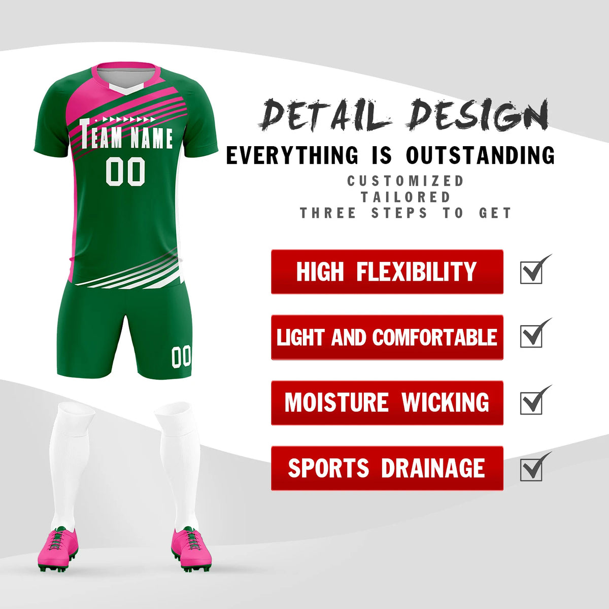 Custom Kelly Green Pink-White Gradient Sport Soccer Sets Jersey