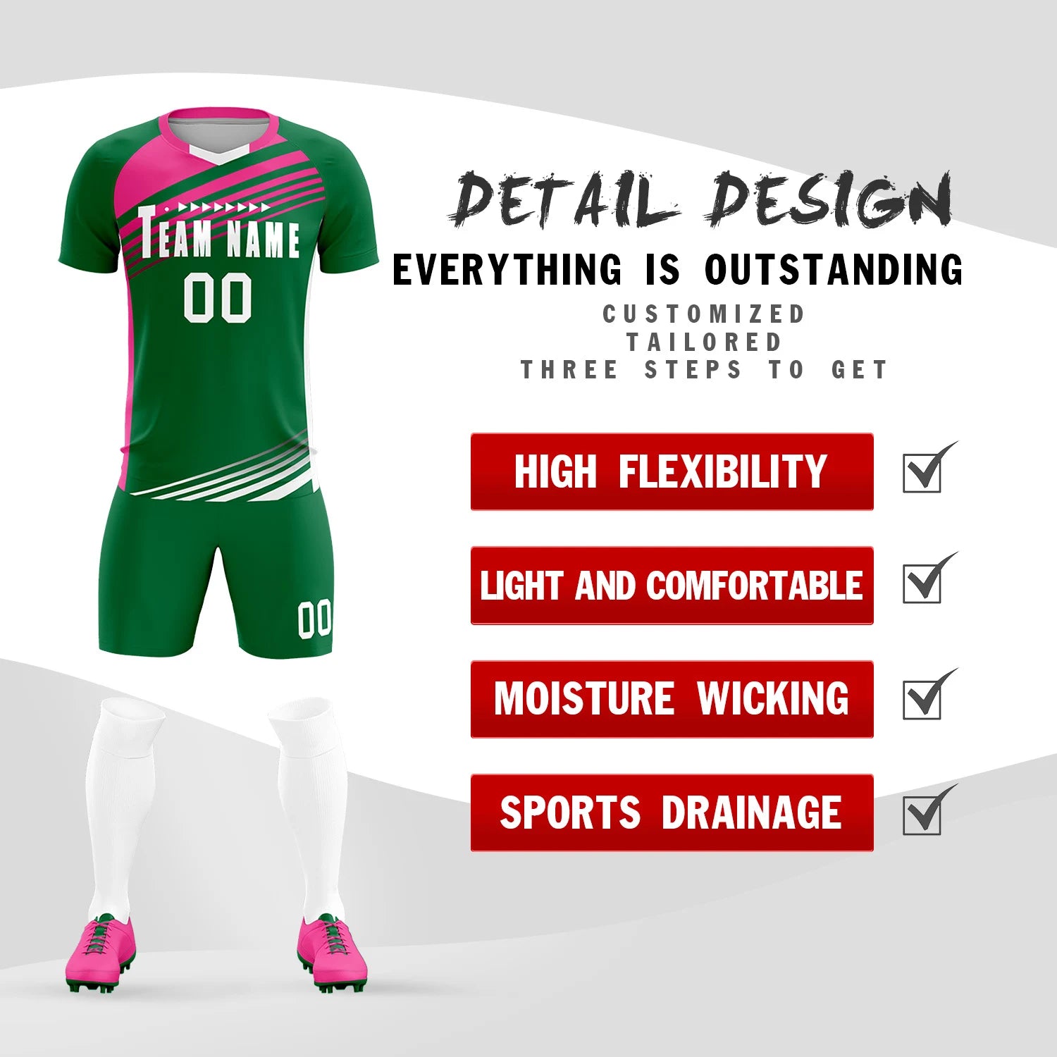 Custom Kelly Green Pink-White Gradient Sport Soccer Sets Jersey