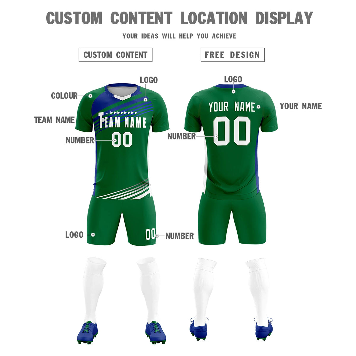 Custom Kelly Green Royal Blue-White Gradient Sport Soccer Sets Jersey