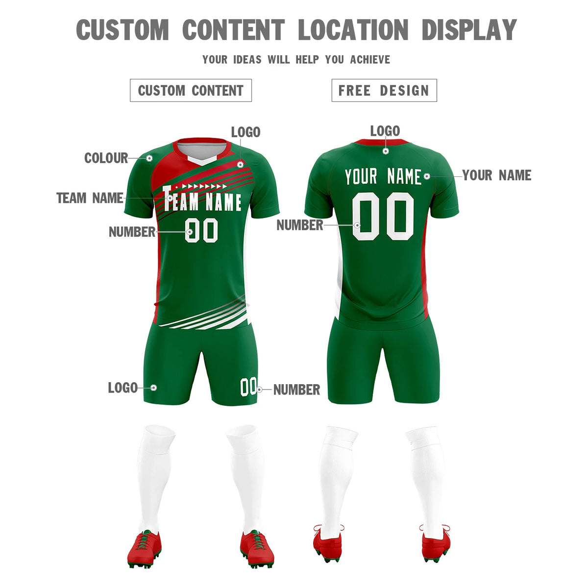 Custom Kelly Green Red-White Gradient Sport Soccer Sets Jersey