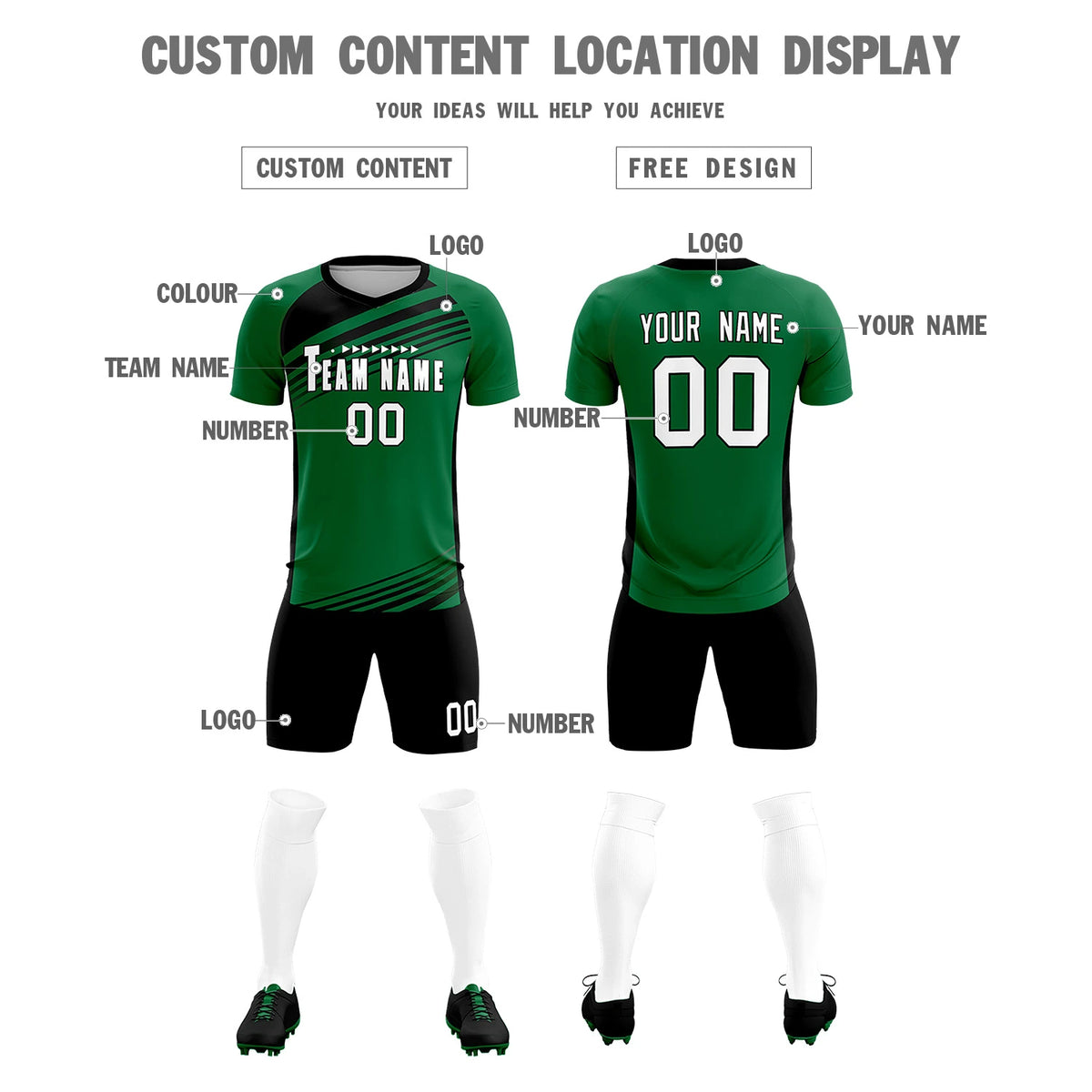 Custom Kelly Green Black-White Gradient Sport Soccer Sets Jersey