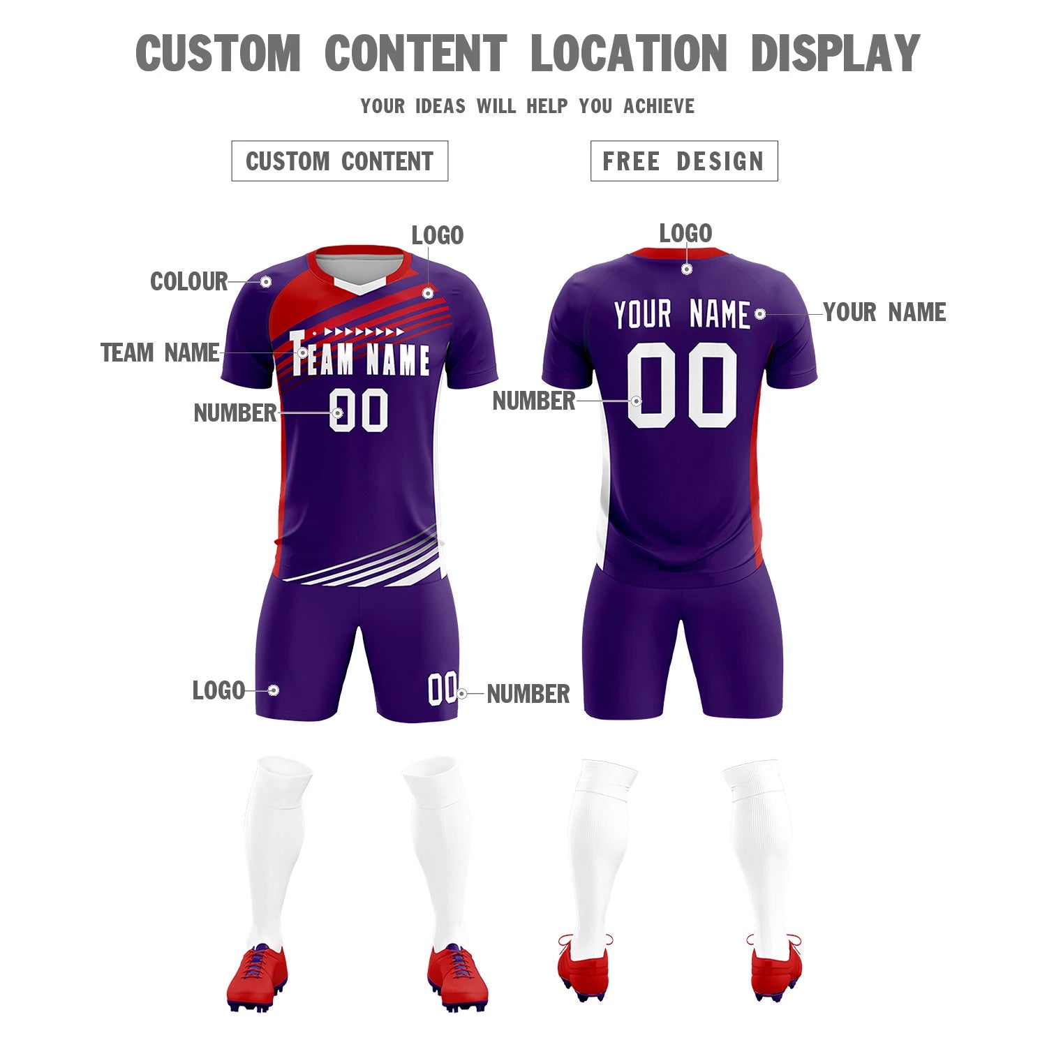 Custom Purple Red-White Gradient Sport Soccer Sets Jersey