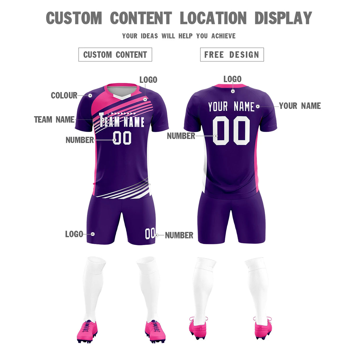 Custom Purple Pink-White Gradient Sport Soccer Sets Jersey