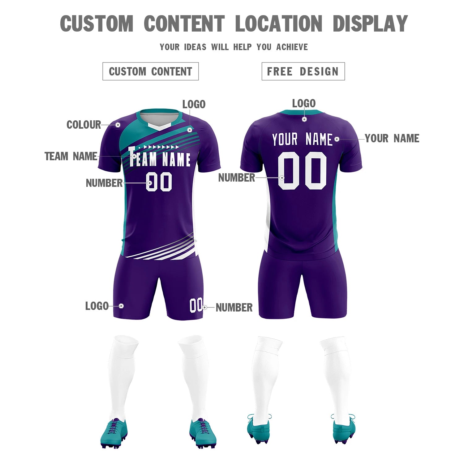 Custom Purple Aqua-White Gradient Sport Soccer Sets Jersey