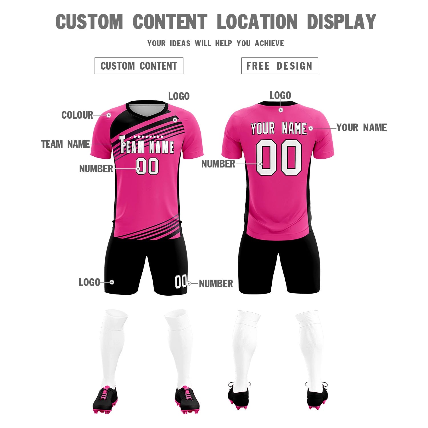 Custom Pink Black-White Gradient Sport Soccer Sets Jersey