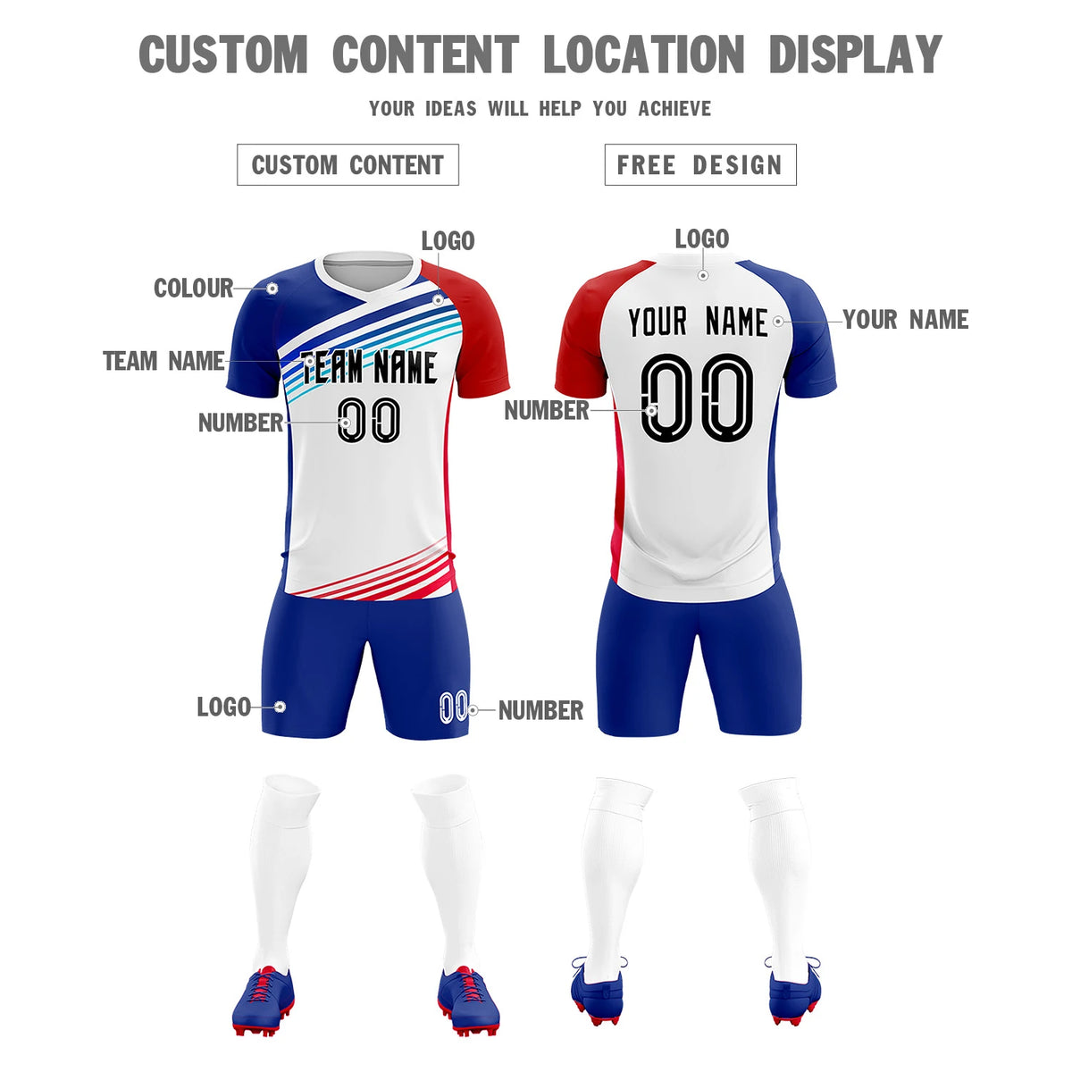 Custom White Royal Blue-Red Gradient Sport Soccer Sets Jersey