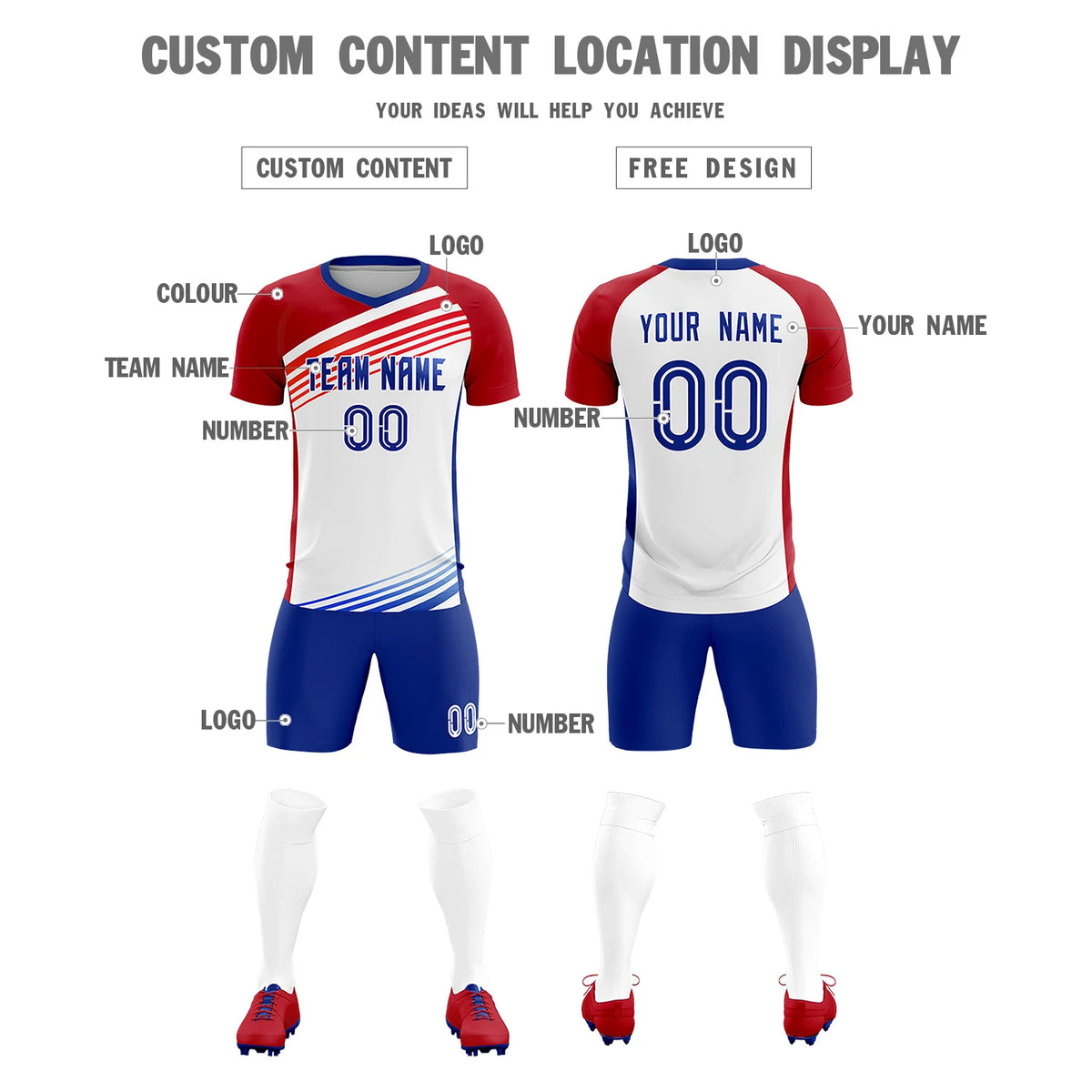 Custom White Red-Royal Blue Gradient Sport Soccer Sets Jersey