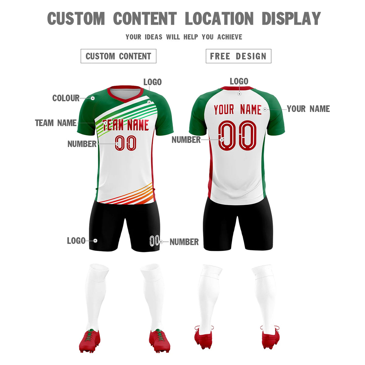 Custom White Red-Kelly Green Gradient Sport Soccer Sets Jersey