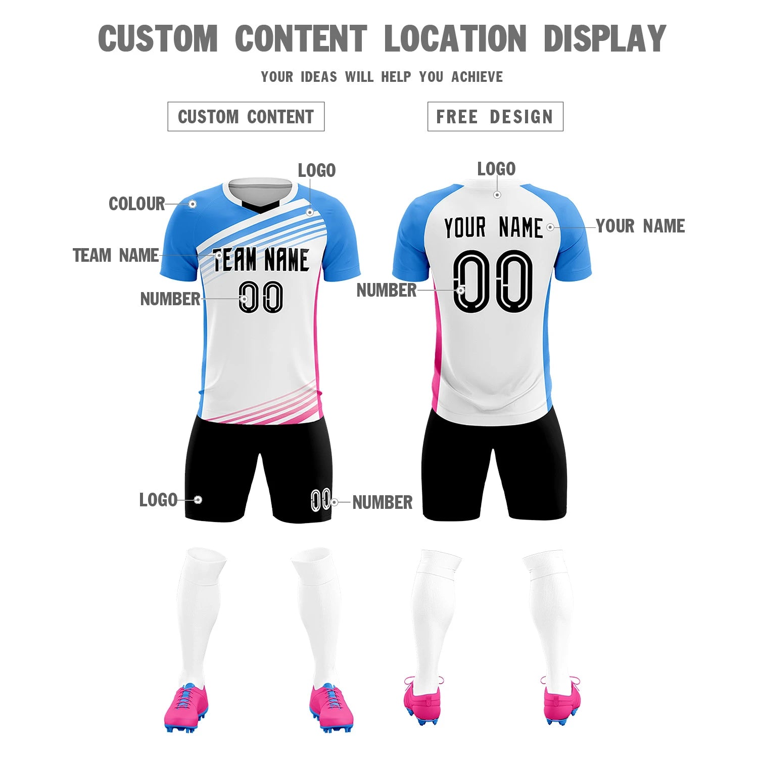 Custom White Powder Blue-Black Gradient Sport Soccer Sets Jersey