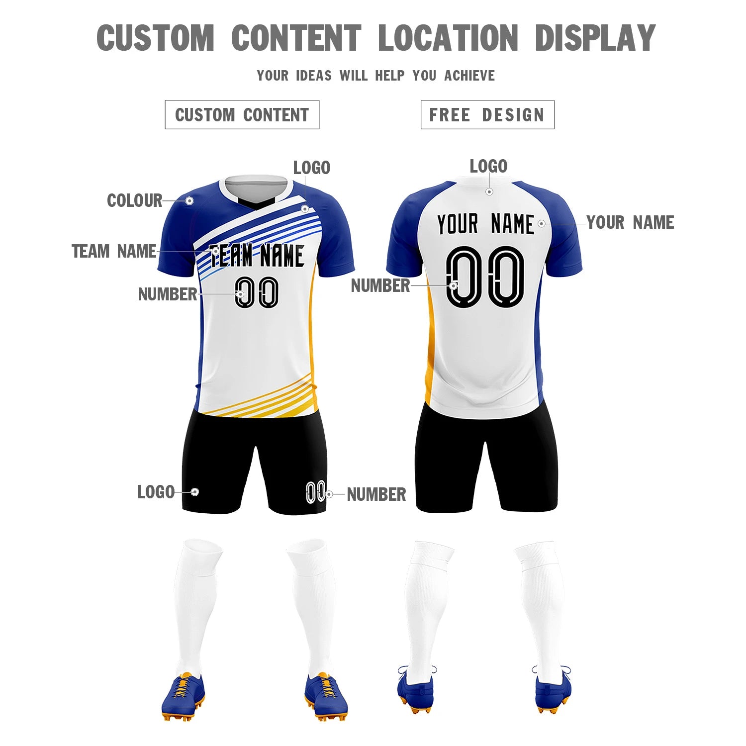 Custom White Royal Blue-Black Gradient Sport Soccer Sets Jersey
