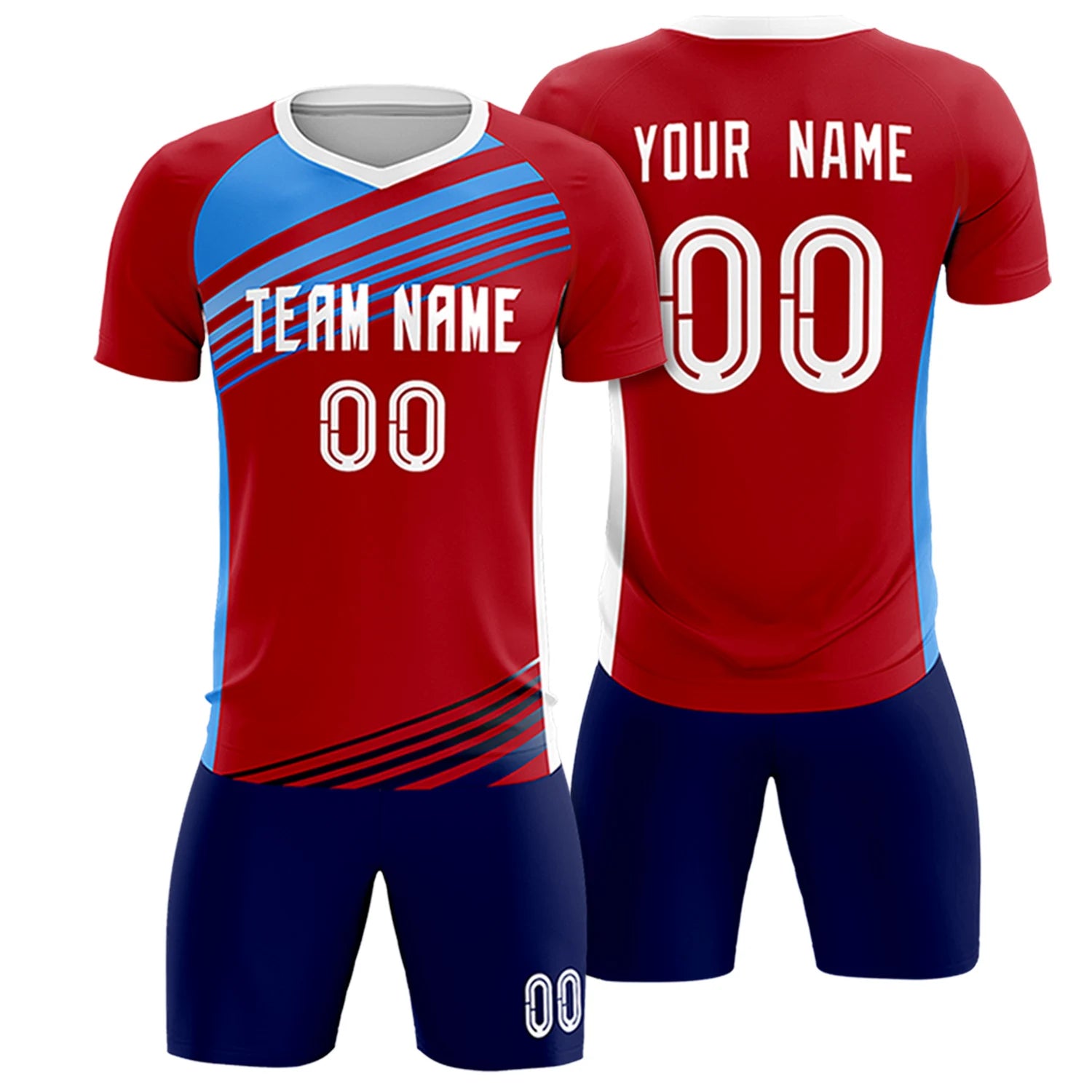 Custom Red Powder Blue-White Gradient Sport Soccer Sets Jersey