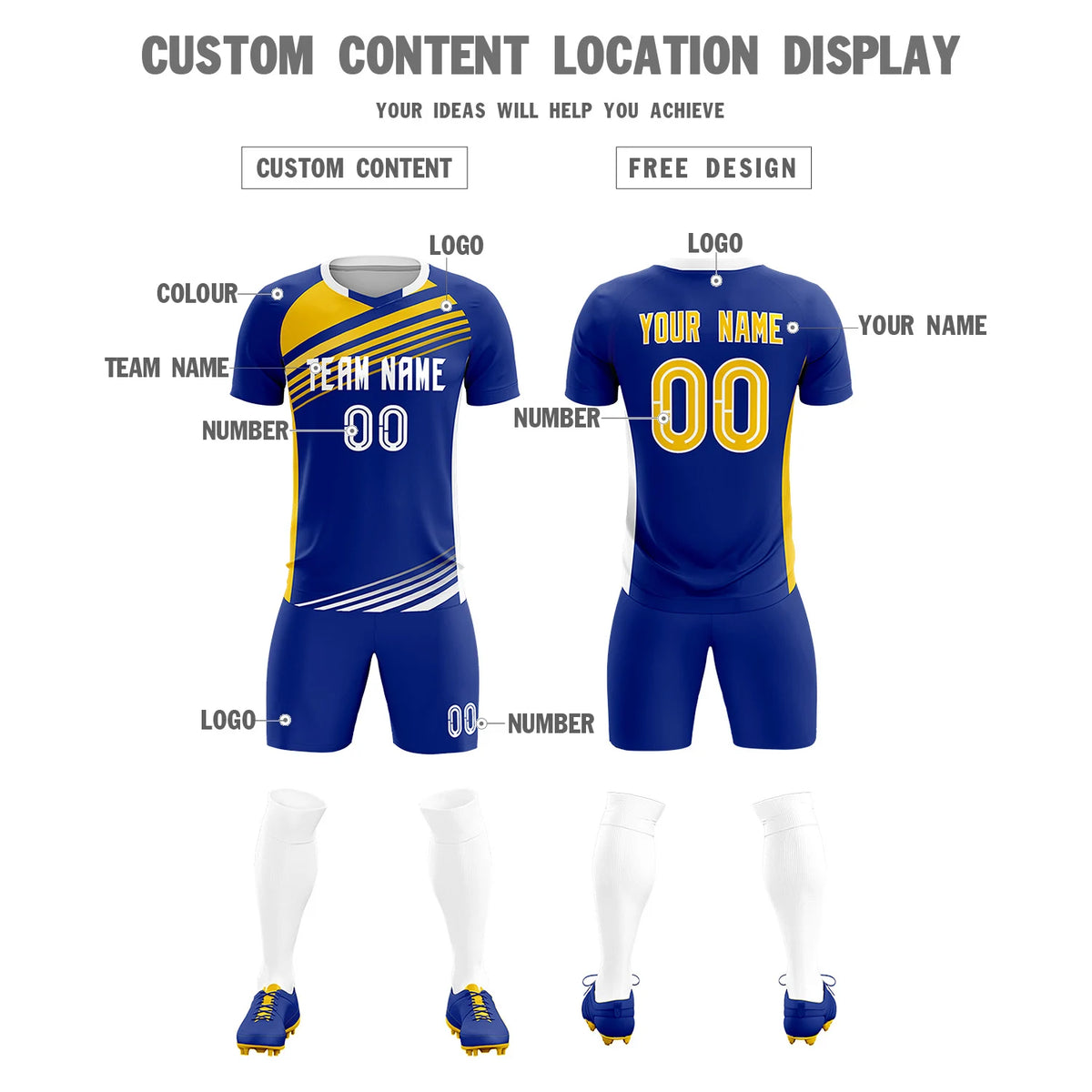 Custom Royal Blue Gold-White Gradient Sport Soccer Sets Jersey