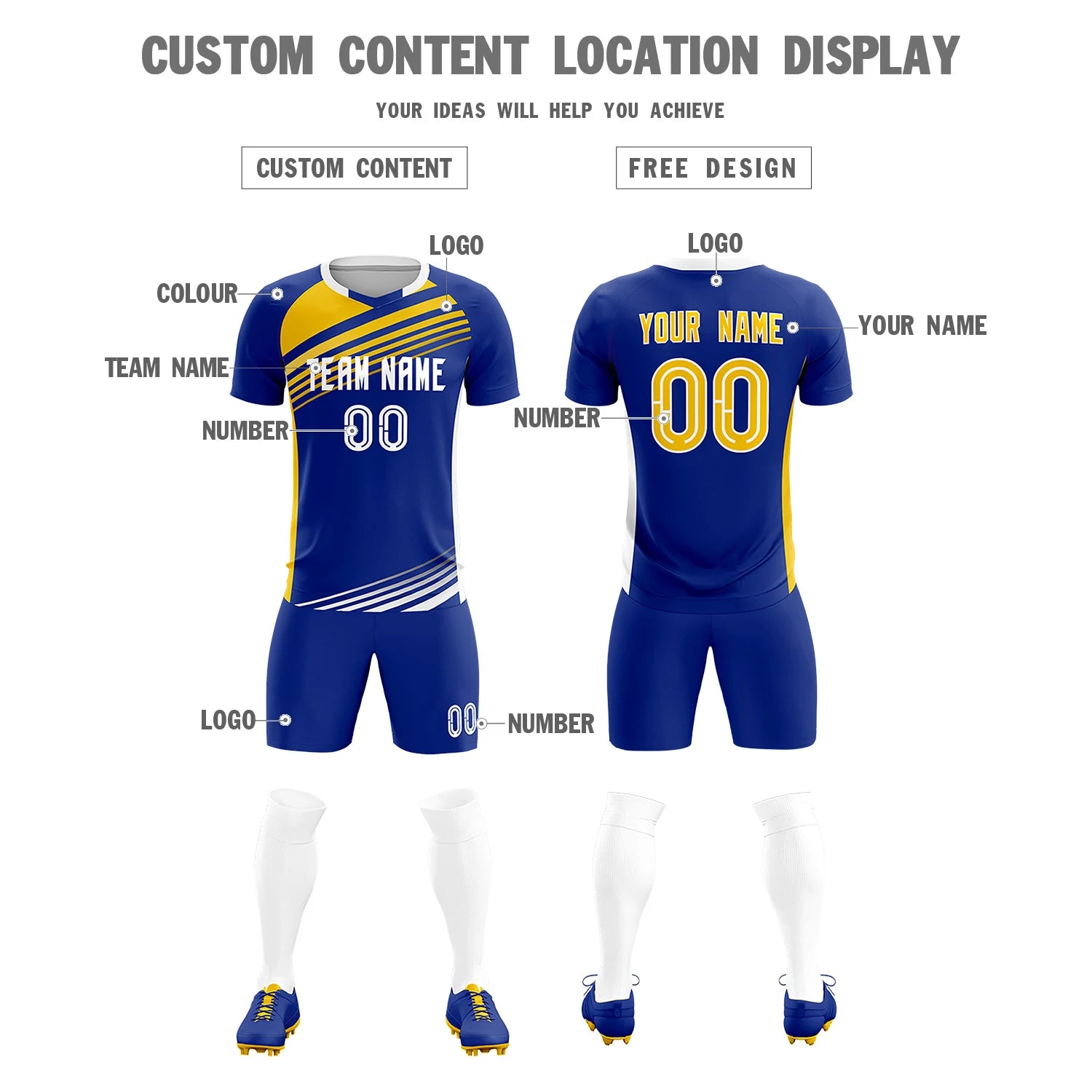 Custom Royal Blue Gold-White Gradient Sport Soccer Sets Jersey