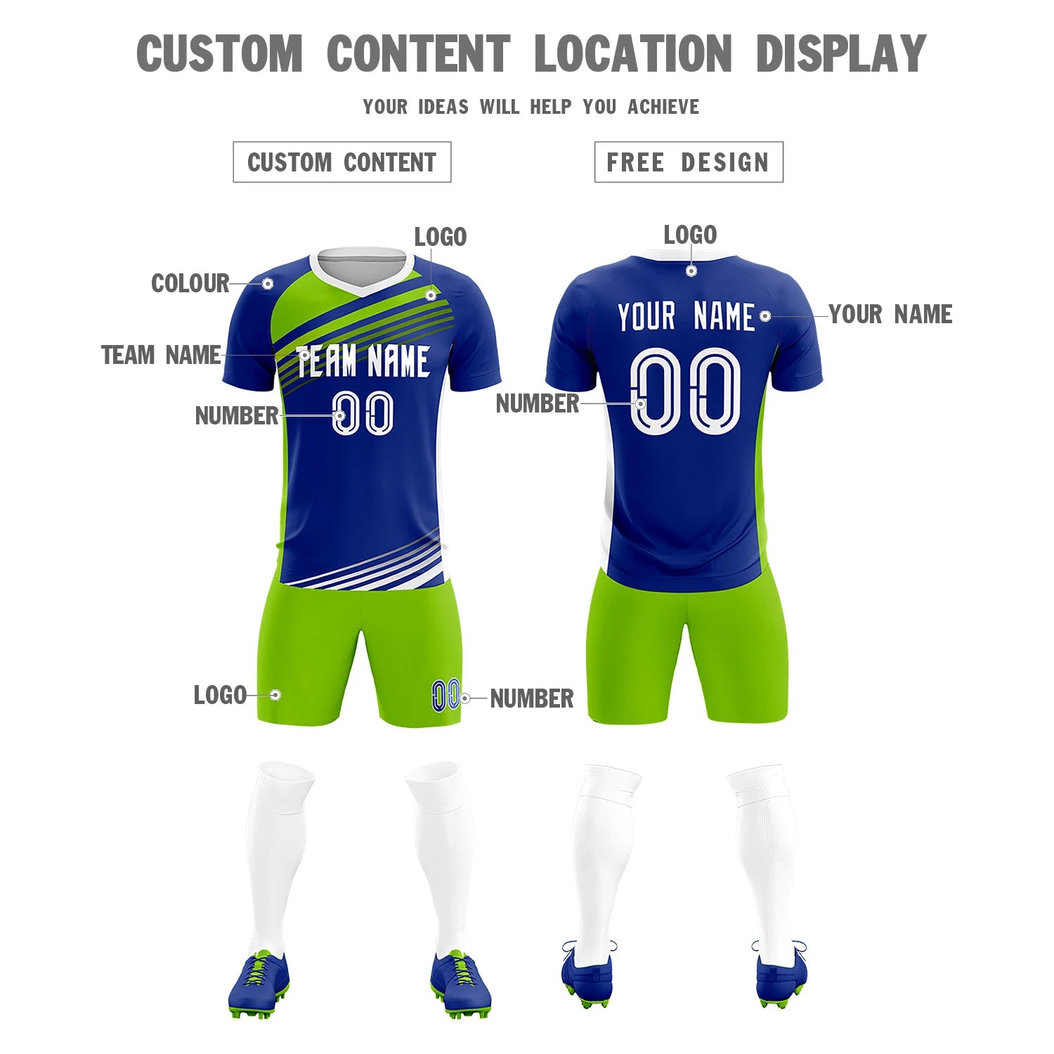 Custom Royal Blue Neon Green-White Gradient Sport Soccer Sets Jersey