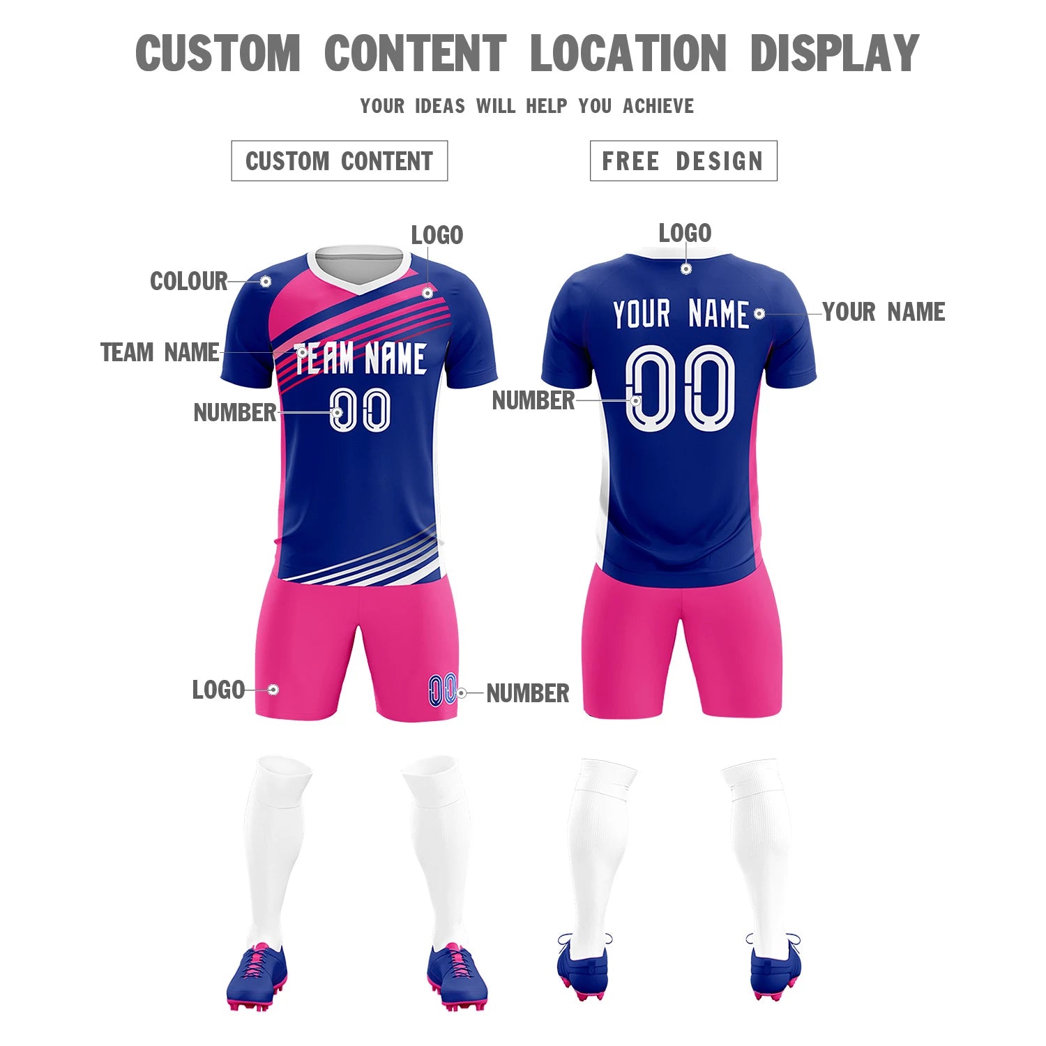 Custom Royal Blue Pink-White Gradient Sport Soccer Sets Jersey